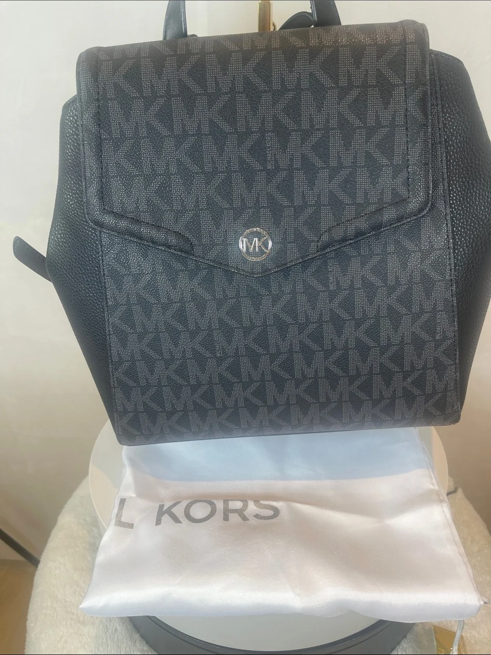 Michael Kors Black MK Logo Pattern Backpack , Size Medium.